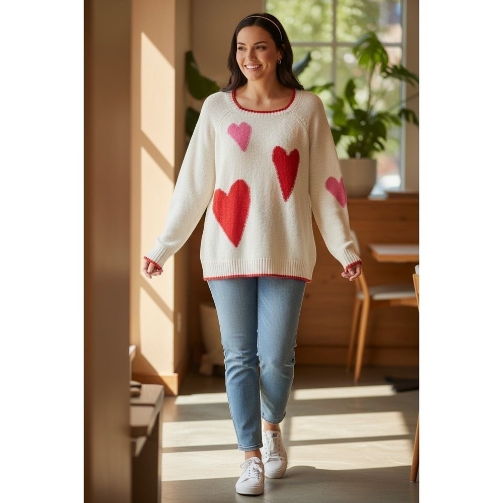 Cato HEART Knit Sweater L Cream Red Pink Valentine PTP:19 L: 26